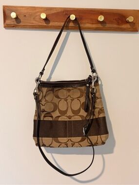 Coach Brown Signature Canvas Shoulder Bag with Dark Brown Trim